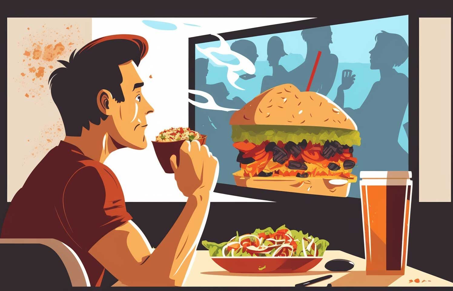 Concept illustration of a man eating and watching fast food commercials. Image credit: Nicole Smith, made with Midjourney